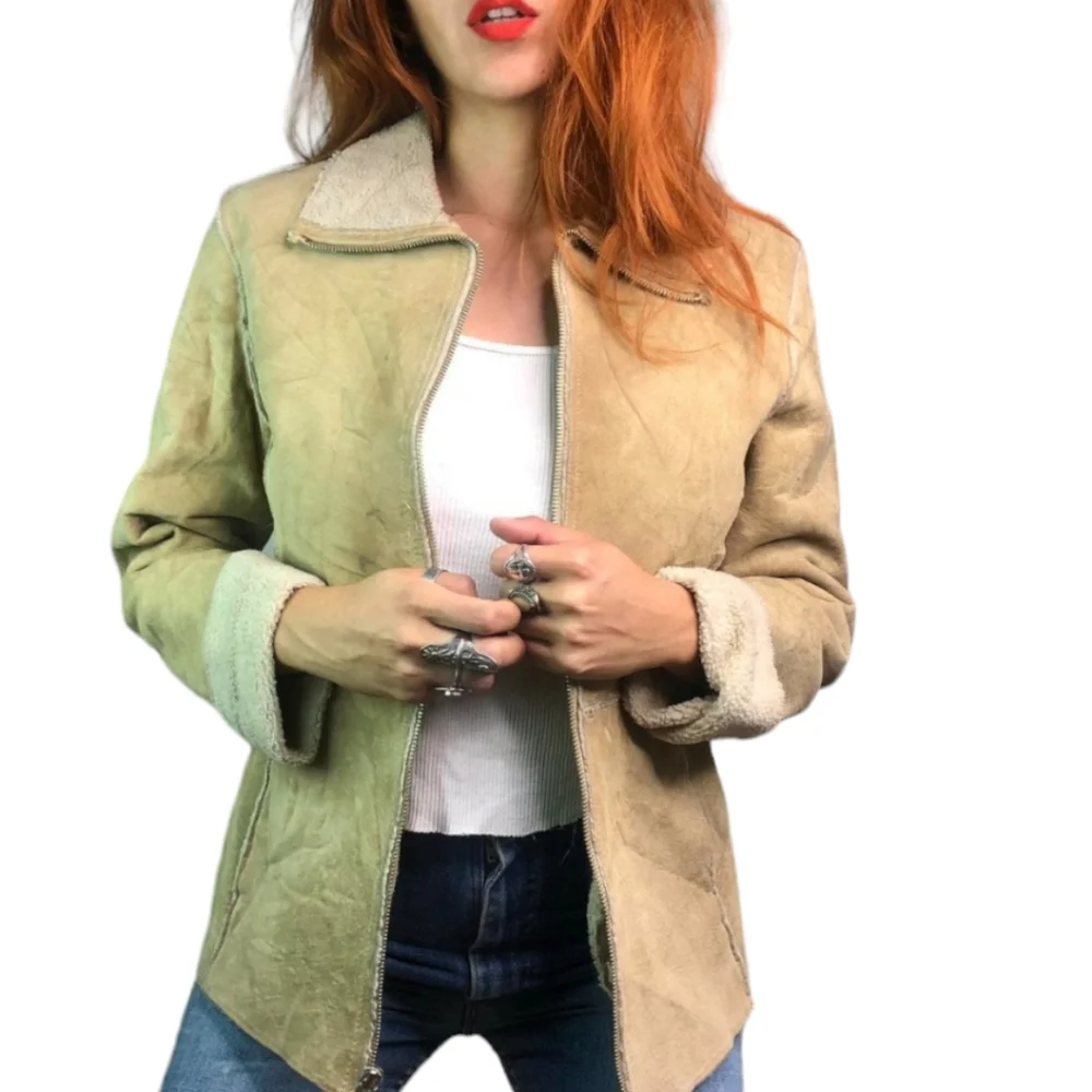 Vintage Y2K Guess Leather Jacket Patchwork Faux Sheepskin Fur Lined Tan Beige - Picture 3 of 13